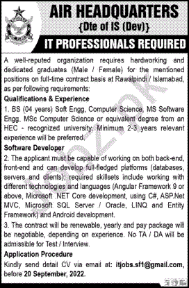 Today Jobs in Pakistan – Air Headquarters Islamabad Jobs 2022