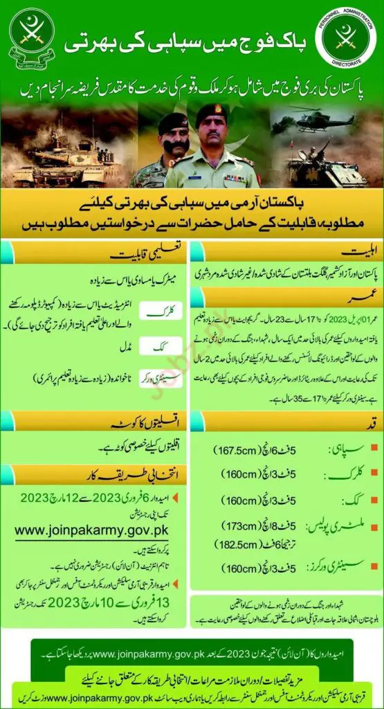 Pakistan Army Jobs 2023 (Soldier, Military police, Sanitary worker, Clerk, and Cook)