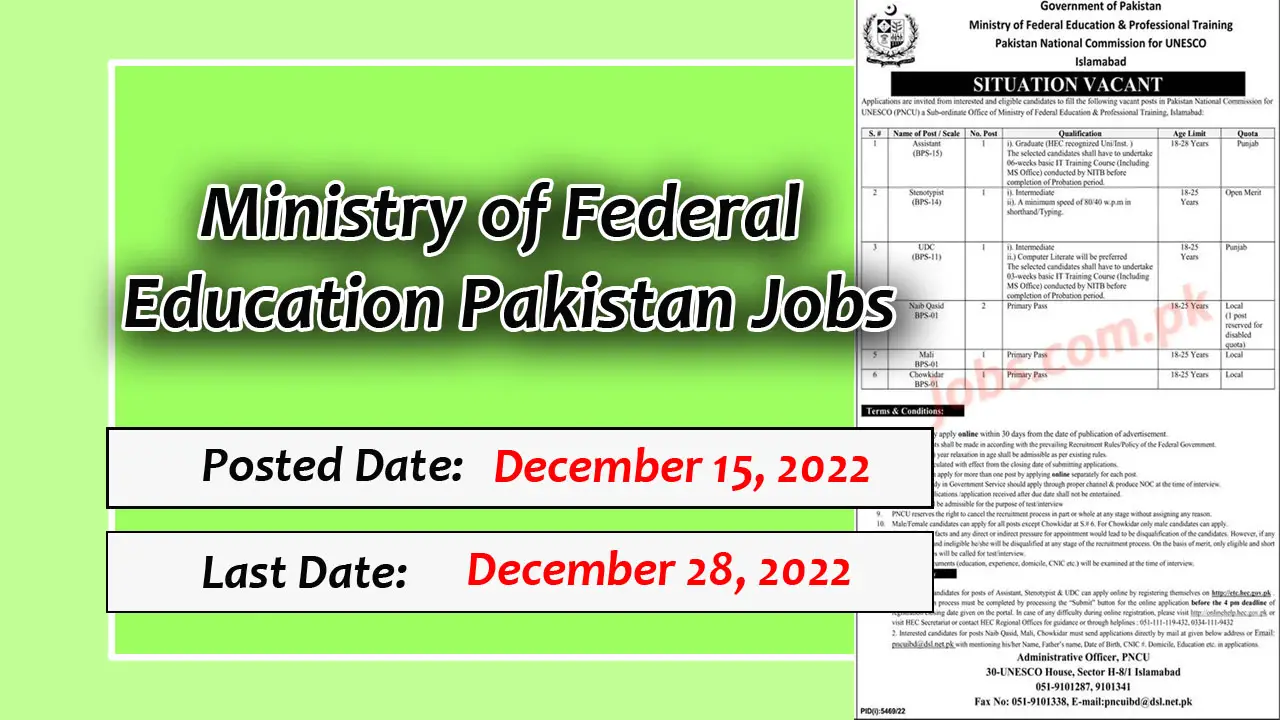 Ministry of Federal Education Pakistan Jobs 2023 | Today Jobs In Pakistan