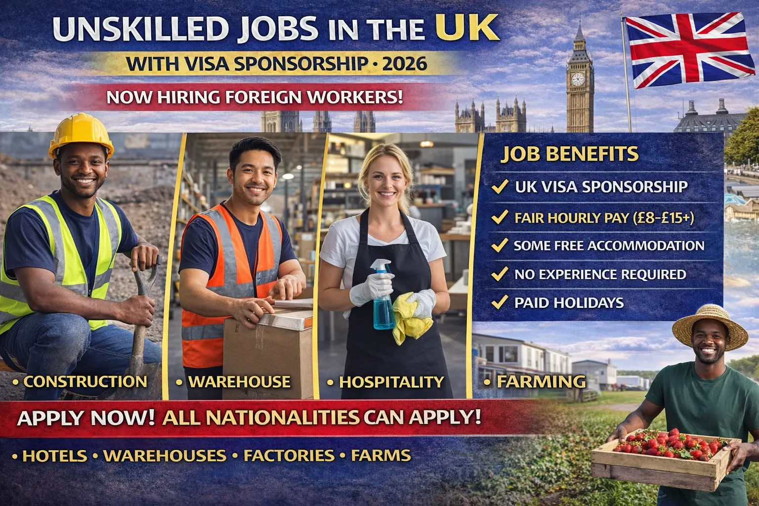 Unskilled Jobs in the UK for Foreigners with Visa Sponsorship